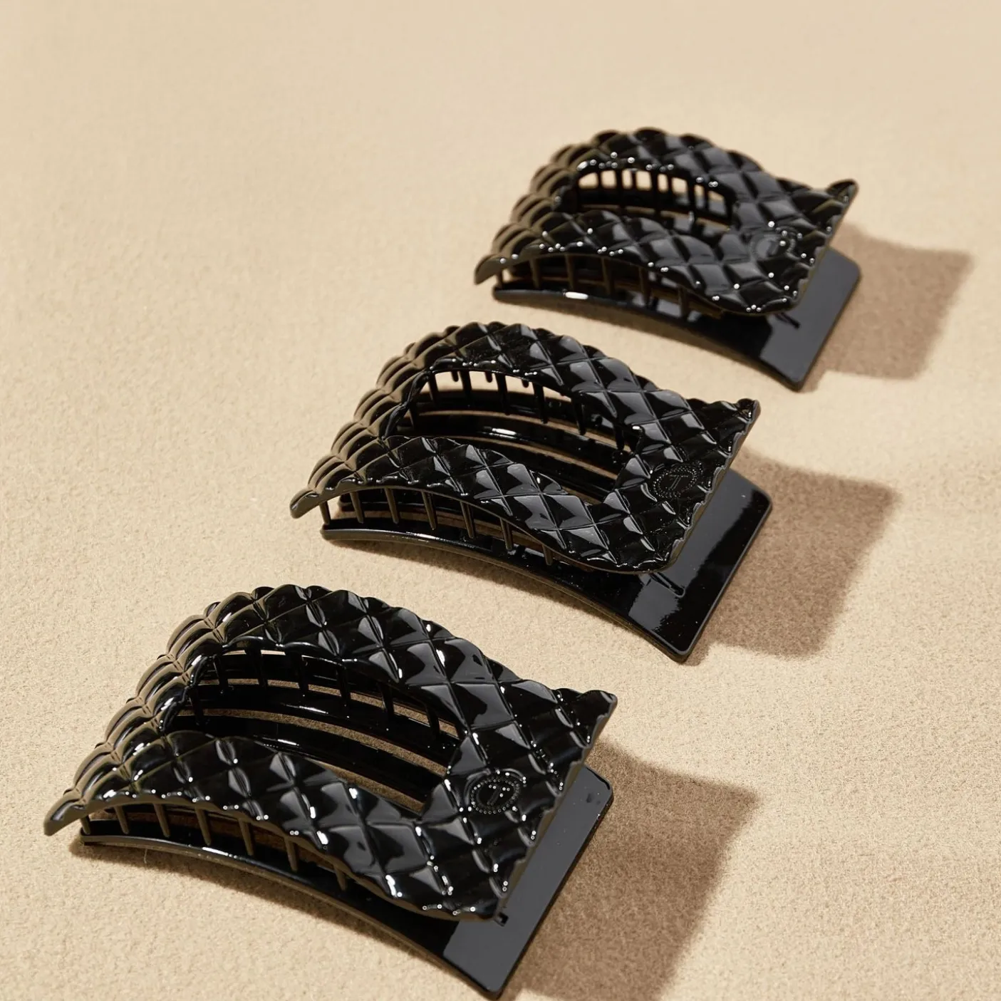 Jet Black Quilted Large Flat Rectangle Hair Clip